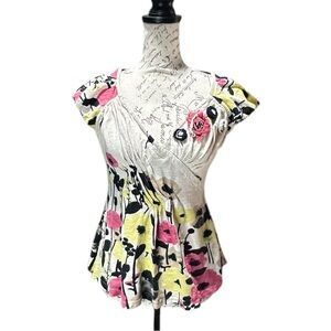 Anthropologie Baraschi Floral Short Puff Cap Sleeve Top Size Medium